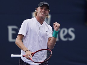 Richmond Hill's Denis Shapovalov celebrates a point against Fabio Fognini at the ROgers Cup on Wednesday. THE CANADIAN PRESS