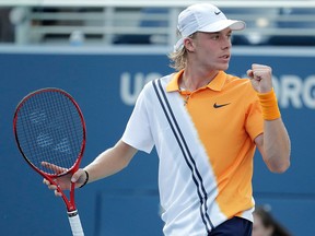 Denis Shapovalov, of Canada, reacts after a point against Felix Auger-Aliassime, also of Canada, during their first round match at the U.S. Open tennis tournament, Monday, Aug. 27, 2018, in New York.
