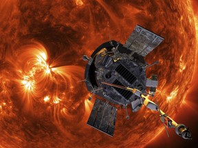 This image made available by NASA shows an artist's rendering of the Parker Solar Probe approaching the Sun. It's designed to take solar punishment like never before, thanks to its revolutionary heat shield that's capable of withstanding 2,500 degrees Fahrenheit (1,370 degrees Celsius).