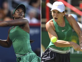 Sloane Stephens (L) Simona Halep are seen in their semi-final matches at the Rogers Cup at IGA Stadium on Aug. 11, 2018 in Montreal.