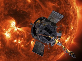 This image made available by NASA shows an artist's rendering of the Parker Solar Probe approaching the Sun. (Steve Gribben/Johns Hopkins APL/NASA via AP)