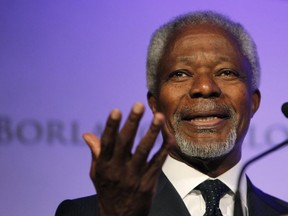 In this Thursday, Oct. 14, 2010 file photo former United Nations Secretary-General Kofi Annan speaks at the World Food Prize Symposium in Des Moines, Iowa.