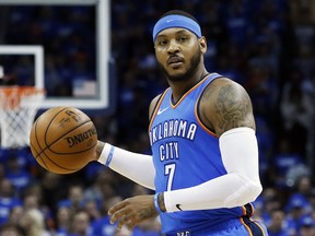 Oklahoma City Thunder forward Carmelo Anthony during Game 5 of an NBA basketball first-round playoff series against the Utah Jazz, in Oklahoma City on April 25, 2018.