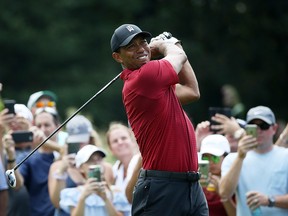 Tiger Woods plays his shot from the 12th tee during the final round of The Northern Trust on August 26, 2018 at the Ridgewood Championship Course in Ridgewood, New Jersey. (Gregory Shamus/Getty Images)