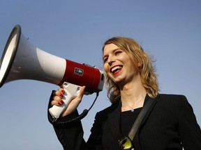 In this April 18, 2018, file photo, Chelsea Manning addresses participants at an anti-fracking rally in Baltimore.