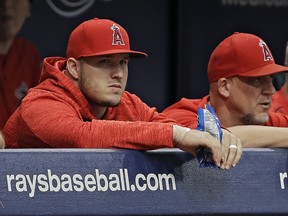 Los Angeles Angels' Mike Trout looks on from the bench during a game against the Tampa Bay Rays Thursday, Aug. 2, 2018, in St. Petersburg, Fla. (AP Photo/Chris O'Meara)