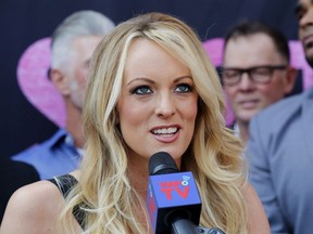 In this May 23, 2018, file photo, Stormy Daniels speaks during a ceremony for her receiving a City Proclamation and Key to the City in West Hollywood, Calif.