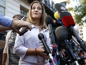 Canada's Foreign Affairs Minister Chrystia Freeland speaks to the media as she arrives for trade talks at the Office of the United States Trade Representative, Thursday, Aug. 30, 2018, in Washington.