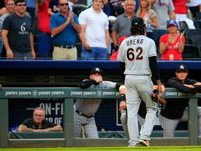 Jose Urena of the Miami Marlins walks off the field after being ejected against the Atlanta Braves at SunTrust Park on August 15, 2018 in Atlanta. (Daniel Shirey/Getty Images)