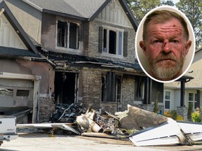 This photo shows a damaged house after a plane crashed in Payson, Utah, Monday, Aug. 13, 2018. Duane Youd (inset) flew the small plane into his own house early Monday just hours after he had been arrested for assaulting his wife in a nearby canyon where the couple went to talk over their problems, authorities said. (Leah Hogsten/The Salt Lake Tribune and Utah County Sheriff's Office via AP photos)