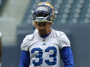 Winnipeg Blue Bombers running back Andrew Harris makes a face during practice on Tuesday.