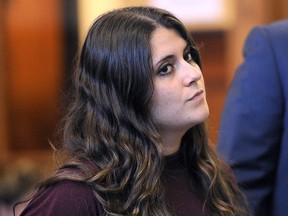 Nikki Yovino is sentenced one year in jail in Superior Court in Bridgeport, Conn., Thursday, Aug. 23, 2018 for making false rape accusations against two Sacred Heart University football players.