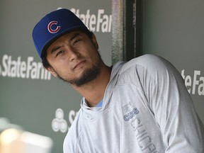 Yu Darvish of the Chicago Cubs in the dugout August 4, 2018 at Wrigley Field in Chicago. (David Banks/Getty Images)