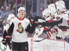 Ottawa Senators' Brady Tkachuk celebrates after one of his two goals against Montreal on Friday night. (THE CANADIAN PRESS)