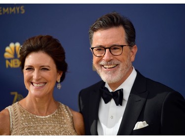 LOS ANGELES, CA - SEPTEMBER 17: Evelyn McGee-Colbert (L) and Stephen Colbert attend the 70th Emmy Awards at Microsoft Theater on September 17, 2018 in Los Angeles, California.