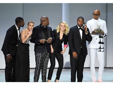 LOS ANGELES, CA - SEPTEMBER 17:  (L-R) Sterling K. Brown, Kristen Bell, Tituss Burgess, Kate McKinnon, Kenan Thompson, and RuPaul perform onstage during the 70th Emmy Awards at Microsoft Theater on September 17, 2018 in Los Angeles, California.