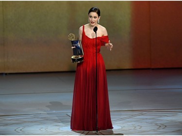 Rachel Brosnahan accepts the Outstanding Lead Actress in a Comedy Series award for 'The Marvelous Mrs. Maisel' onstage during the 70th Emmy Awards at Microsoft Theater on September 17, 2018 in Los Angeles, California.
