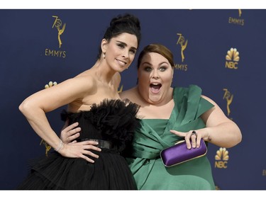 Sarah Silverman, left, and Chrissy Metz arrive at the 70th Primetime Emmy Awards on Monday, Sept. 17, 2018, at the Microsoft Theater in Los Angeles.