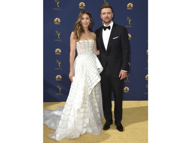 Jessica Biel, left, and Justin Timberlake arrive at the 70th Primetime Emmy Awards on Monday, Sept. 17, 2018, at the Microsoft Theater in Los Angeles.