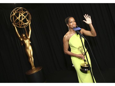 Regina King poses with the award for outstanding lead actress in a limited series, movie or dramatic special for "Seven Seconds" backstage at the 70th Primetime Emmy Awards on Monday, Sept. 17, 2018, at the Microsoft Theater in Los Angeles.