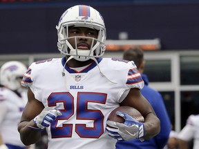 In this Sunday, Dec. 24, 2017 file photo, Buffalo Bills running back LeSean McCoy warms up before an NFL football game against the New England Patriots in Foxborough, Mass. (AP Photo/Steven Senne, File)