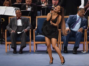 Ariana Grande performs during Aretha Franklin's funeral at Greater Grace Temple on August 31, 2018 in Detroit, Michigan. (ANGELA WEISS/AFP/Getty Images)
