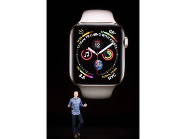 Apple COO Jeff Williams discusses Apple Watch Series 4 during an event on Sept. 12, 2018, in Cupertino, Calif., the watch lets users take ECG readings.