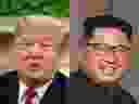 This combination of file pictures created on July 12, 2018 shows US President Donald Trump speaking to the press in the Oval Office at the White House in Washington, DC, on June 27, 2018, and North Korea's leader Kim Jong Un (R) at the start of the historic US-North Korea summit, at the Capella Hotel on Sentosa island in Singapore on June 12, 2018.