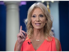 In this file photo taken on August 21, 2018 Kellyanne Conway, Counselor to US President Donald Trump, speaks to Fox News from the briefing room at the White House in Washington, DC.