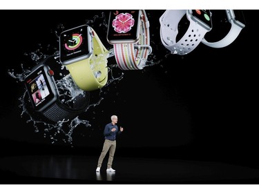 Apple CEO Tim Cook speaks about the Apple Watch at the Steve Jobs Theater during an event to announce new Apple products Wednesday, Sept. 12, 2018, in Cupertino, Calif.