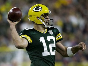 Green Bay Packers' Aaron Rodgers throws during the second half of an NFL football game -against the Chicago Bears Sunday, Sept. 9, 2018, in Green Bay, Wis.
