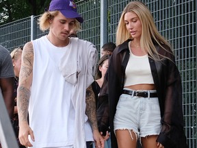 Justin Bieber and Hailey Baldwin attend the John Elliott front row during New York Fashion Week: The Shows on Sept. 6, 2018 in New York.