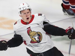 In this Sept. 22, 2018, file photo, Ottawa Senators' Brady Tkachuk celebrates after scoring against the Montreal Canadiens in Montreal. (Graham Hughes/The Canadian Press via AP, File)