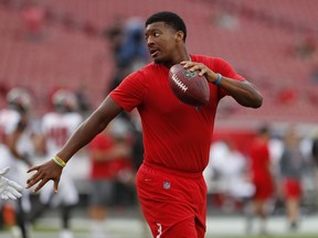 FILE - This Aug. 30, 2018 file photo, shows Tampa Bay Buccaneers quarterback Jameis Winston before an NFL preseason football game against the Jacksonville Jaguars in Tampa, Fla. A female Uber driver in Arizona is suing Winston, accusing him of sexual assault. Court documents say the woman filed the suit in Arizona on Tuesday, Sept. 18, 2018, and is seeking more than $75,000 in damage.