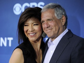 In this June 16, 2014 file photo, Les Moonves, right, president and CEO of CBS Corporation, and his wife Julie Chen pose together at the premiere of the CBS science fiction television series "Extant" in Los Angeles.