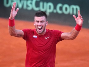 Croatia's Borna Coric celebrates after winning the decisive match against USA's Frances Tiafoe during the Davis Cup semi-final tennis match between Croatia and USA at Sport center Visnjik in Zadar on Sept. 16, 2018.