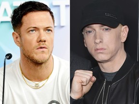 Dan Reynolds of Imagine Dragons, left, and Eminem. ( Jerod Harris and Dimitrios Kambouris/Getty Images)