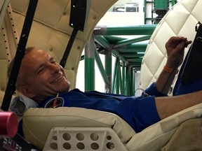 Canadian astronaut David Saint-Jacques sits in the centrifuge at the Gagarin Cosmonaut Training Center in Star City, Russia, on Thursday, Aug. 16, 2018. THE CANADIAN PRESS/Melanie Marquis