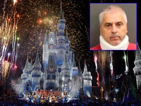 Gregory Lazarchick, 56, (inset) is accused of threatening to blow up Disney World on order of al-Qaida. (Orange County Jail/HO/Todd Anderson/Disney Parks via Getty Images)
