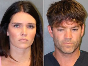 These undated booking photos provided by the Newport Beach, Calif., Police Department show Cerissa Laura Riley, 31, and Dr. Grant W. Robicheaux, 38.