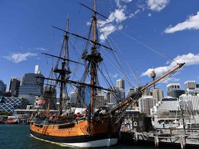 A replica of Captain Cook's ship HMB Endeavour is seen at the Australian National Maritime Museum in Sydney on Sept. 19, 2018.