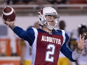 Montreal Alouettes quarterback Johnny Manziel fires a pass during third quarter CFL football action against the Hamilton Tiger-Cats in Montreal on Aug. 3, 2018.