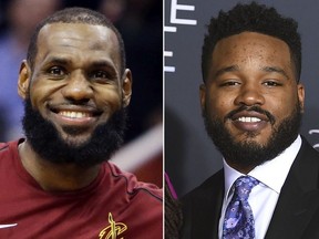 This combination photo shows Cleveland Cavaliers forward LeBron James during an NBA basketball game against the Phoenix Suns in Phoenix on March 13, 2018, left, and filmmaker Ryan Coogler at the world premiere of "A Wrinkle in Time" in Los Angeles on Feb. 26, 2018. James' production company SpringHill Entertainment tweeted Wednesday that Coogler will produce "Space Jam 2," the sequel to the 1996 movie that featured Michael Jordan alongside Warner Bros.' animated characters. "Random Acts of Flyness" creator Terence Nance will direct James in the film. (AP Photo) ORG XMIT: NYET343
