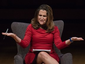 Minister of Foreign Affairs Chrystia Freeland participates in an armchair discussion with journalist Masha Gessen at the Women in the World Summit in Toronto, Monday, September 10, 2018. (THE CANADIAN PRESS/Galit Rodan)