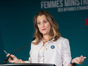 Foreign Affairs Minister Chrystia Freeland speaks at a news conference during a meeting of Women Foreign Ministers in Montreal, Saturday, Sept. 22, 2018.