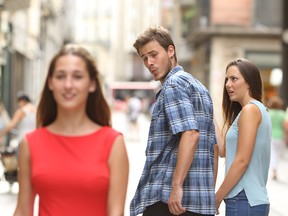 A Swedish advertising ombudsman has deemed this stock image, known as the ``Distracted boyfriend meme`` to be sexist. (Getty Images)