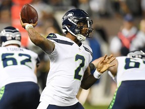 Trevone Boykin #2 of the Seattle Seahawks throws a pass against the Oakland Raiders during the second quarter of their game at the Oakland-Alameda County Coliseum on August 31, 2017 in Oakland, California.  (Photo by Thearon W. Henderson/Getty Images)