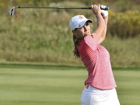 In this September 2017, photo provided by Iowa State University, golfer Celia Barquin Arozamena plays in the 2017 East and West Match Play tournament in Verona, Wis. (Barb Malchow/Iowa State University via AP)