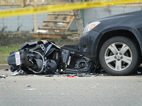 A motorcyclist was killed in a multiple vehicle traffic accident on 38 Ave. near 85 St. in Edmonton on Friday Sept. 14, 2018.