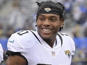 Jaguars cornerback Jalen Ramsey smiles before a game against the Giants in East Rutherford, N.J., Sunday, Sept. 9, 2018.